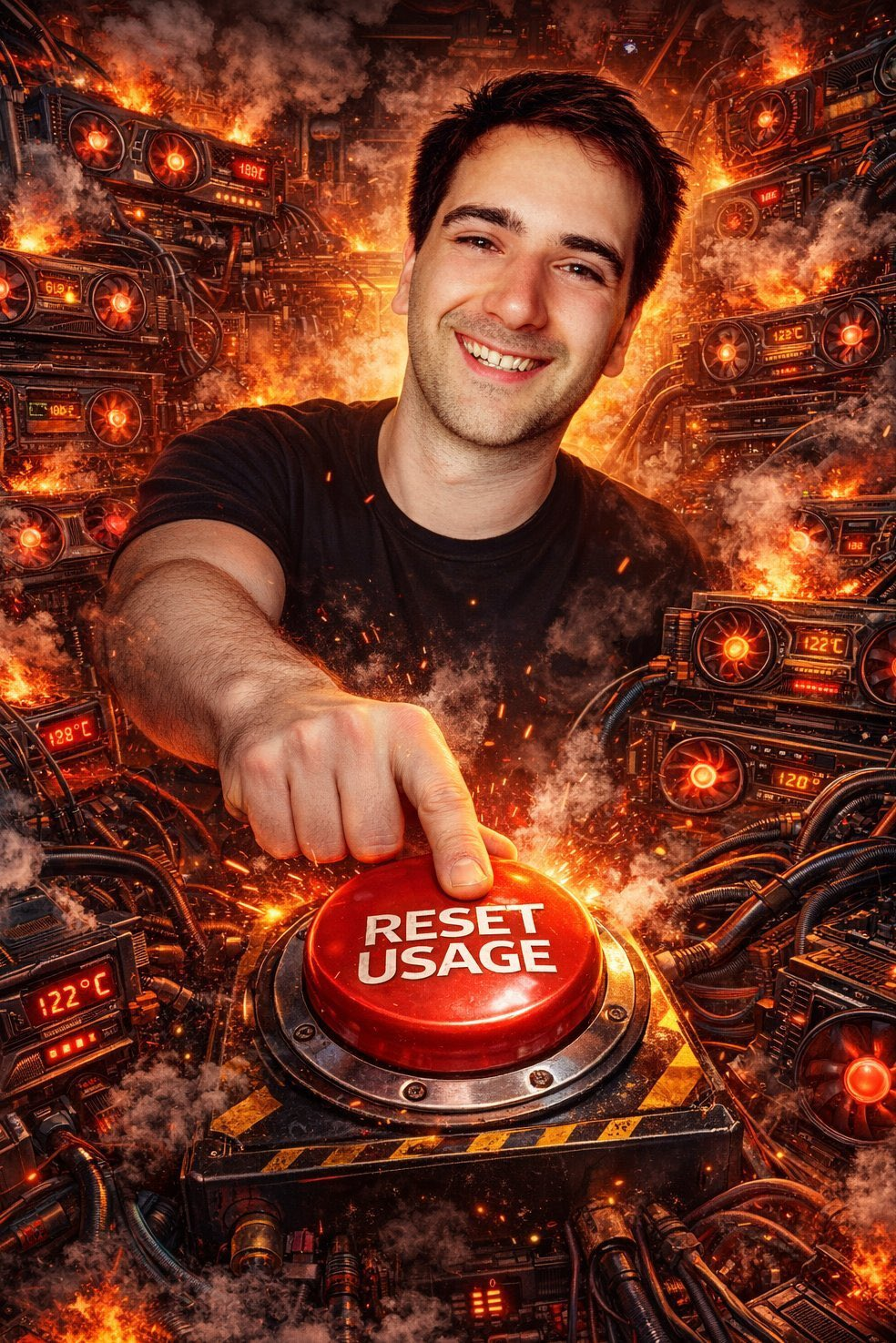 Dramatic meme of Tibo pressing a reset usage button inside a fiery GPU server room