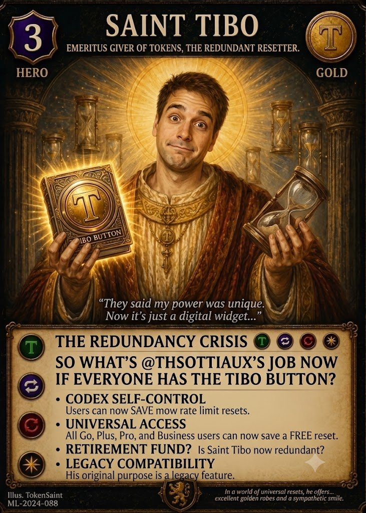 Fantasy trading-card meme titled Saint Tibo: The Redundancy Crisis