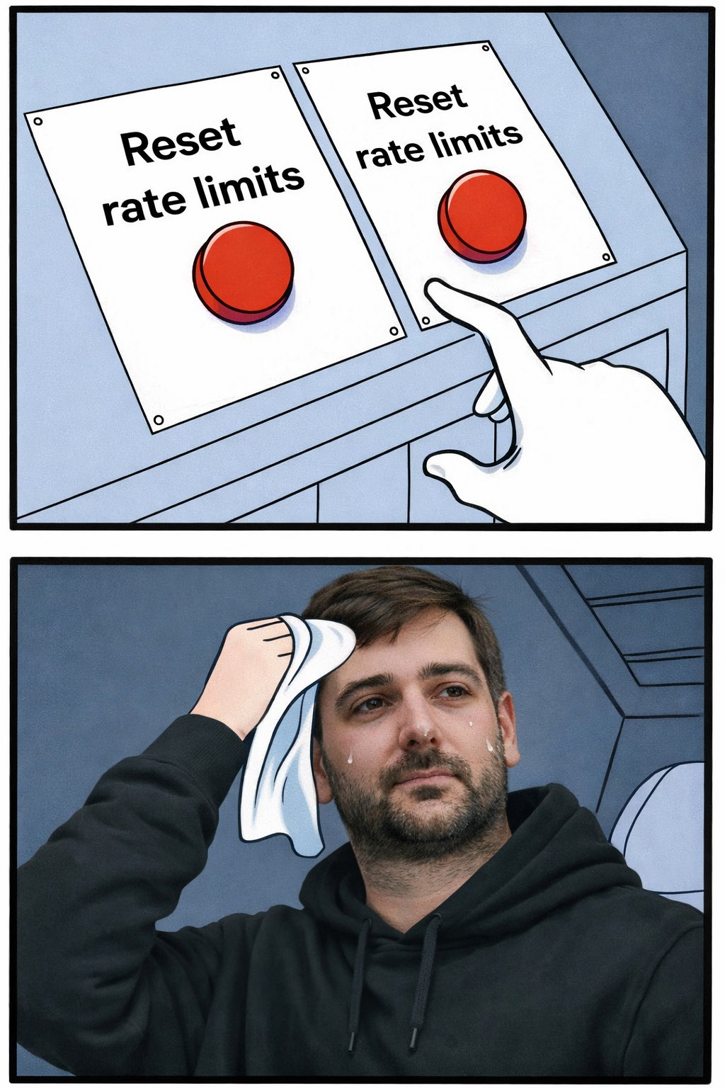 Two-panel meme showing two identical reset rate limits buttons and a person sweating
