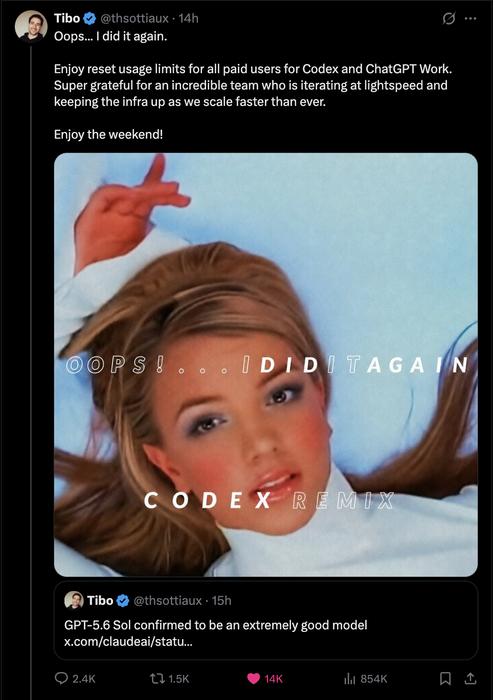 Screenshot of Tibo's Oops… another weekend reset post from Jul 17, 2026