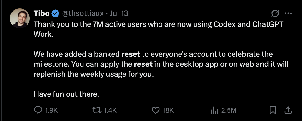 Screenshot of Tibo's 7M banked reset post from Jul 13, 2026