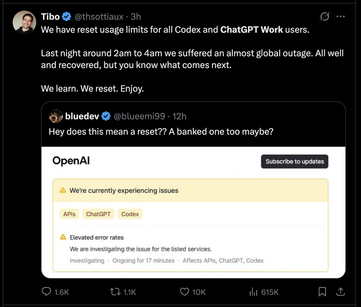 Screenshot of Tibo's Post-outage reset post from Jul 25, 2026