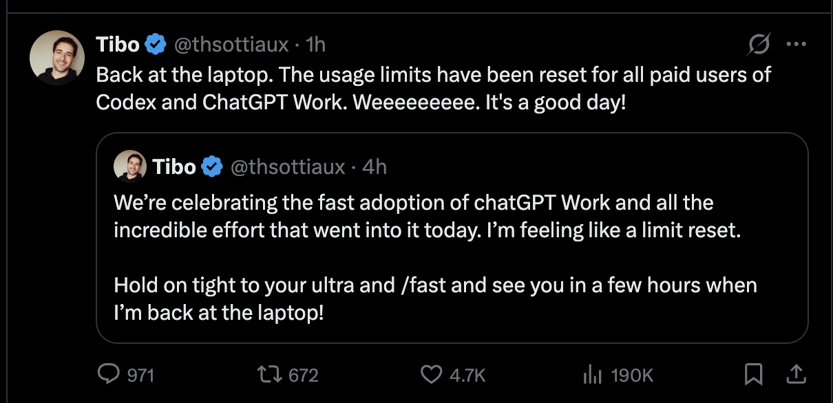 Screenshot of Tibo's Back at the laptop reset post from Jul 27, 2026