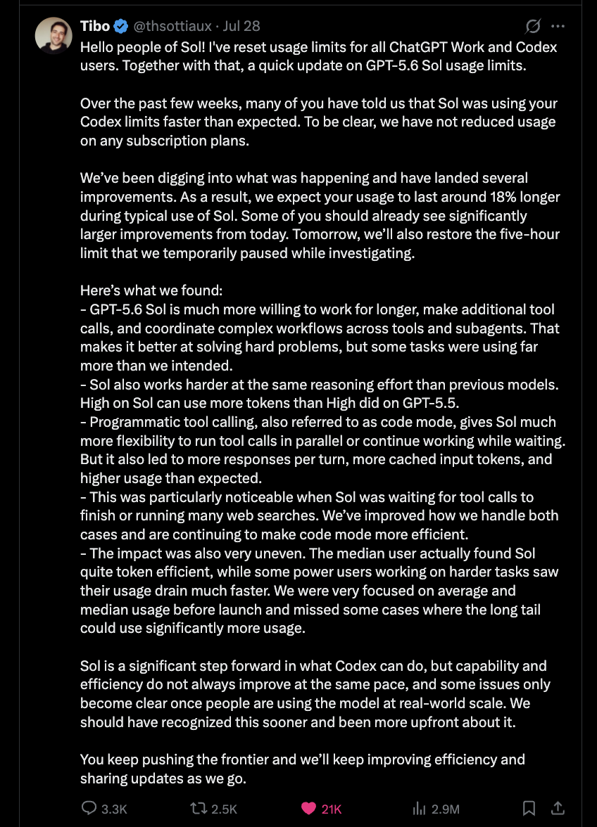 Screenshot of Tibo's Sol efficiency reset post from Jul 28, 2026