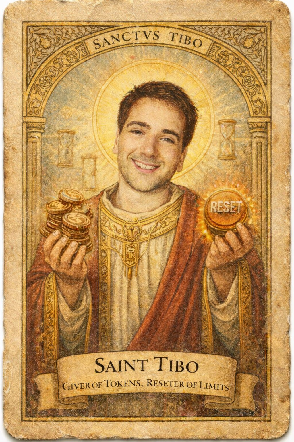 Meme-style saint card depicting Tibo holding Codex tokens and a glowing reset button